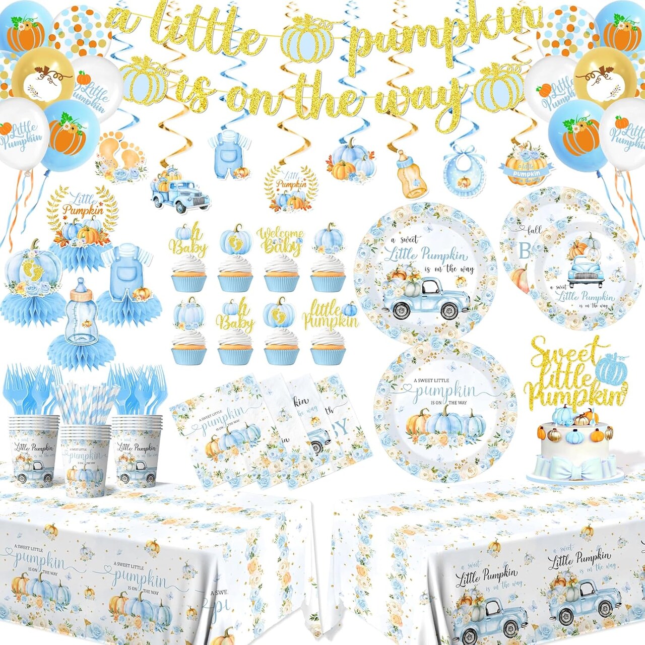 198pcs Little Pumpkin Baby Shower Decorations - Serve 24 (Blue)